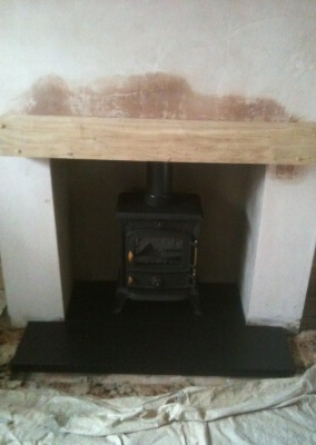 Multifuel woodburning stove with 316 grade stainless steel lining, oak mantel & slate hearth made to measure - Wombourne, Staffordshire.